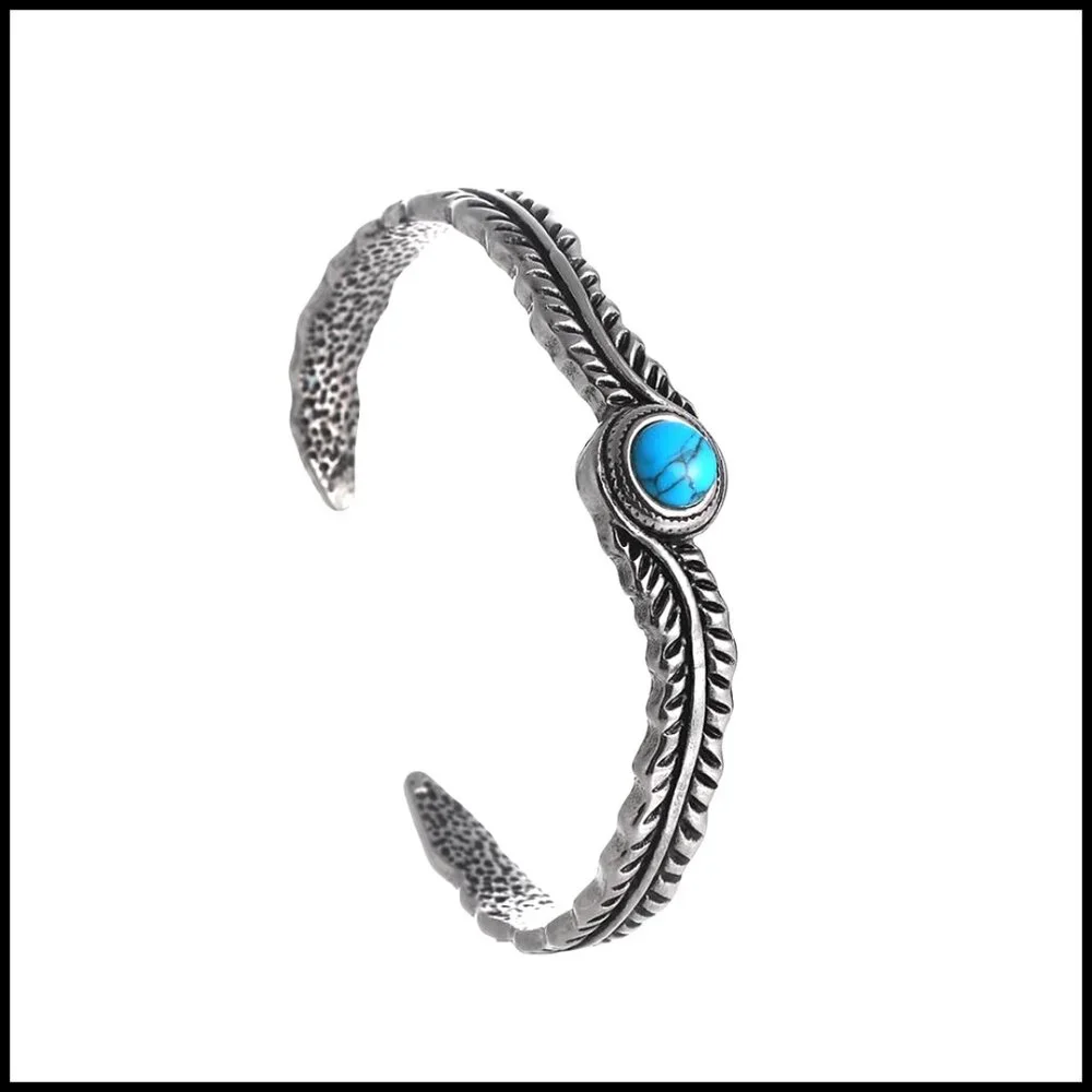 Silver Turquoise Cuff Bracelet Bohemian Vintage Feather Design Stainless Steel - Picture 1 of 5